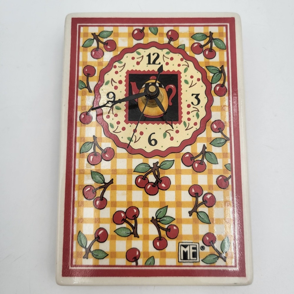 Vintage Mary Engelbreit Ceramic Tile Table, Wall Clock Gingham Cherries-Works! - Picture 5 of 5